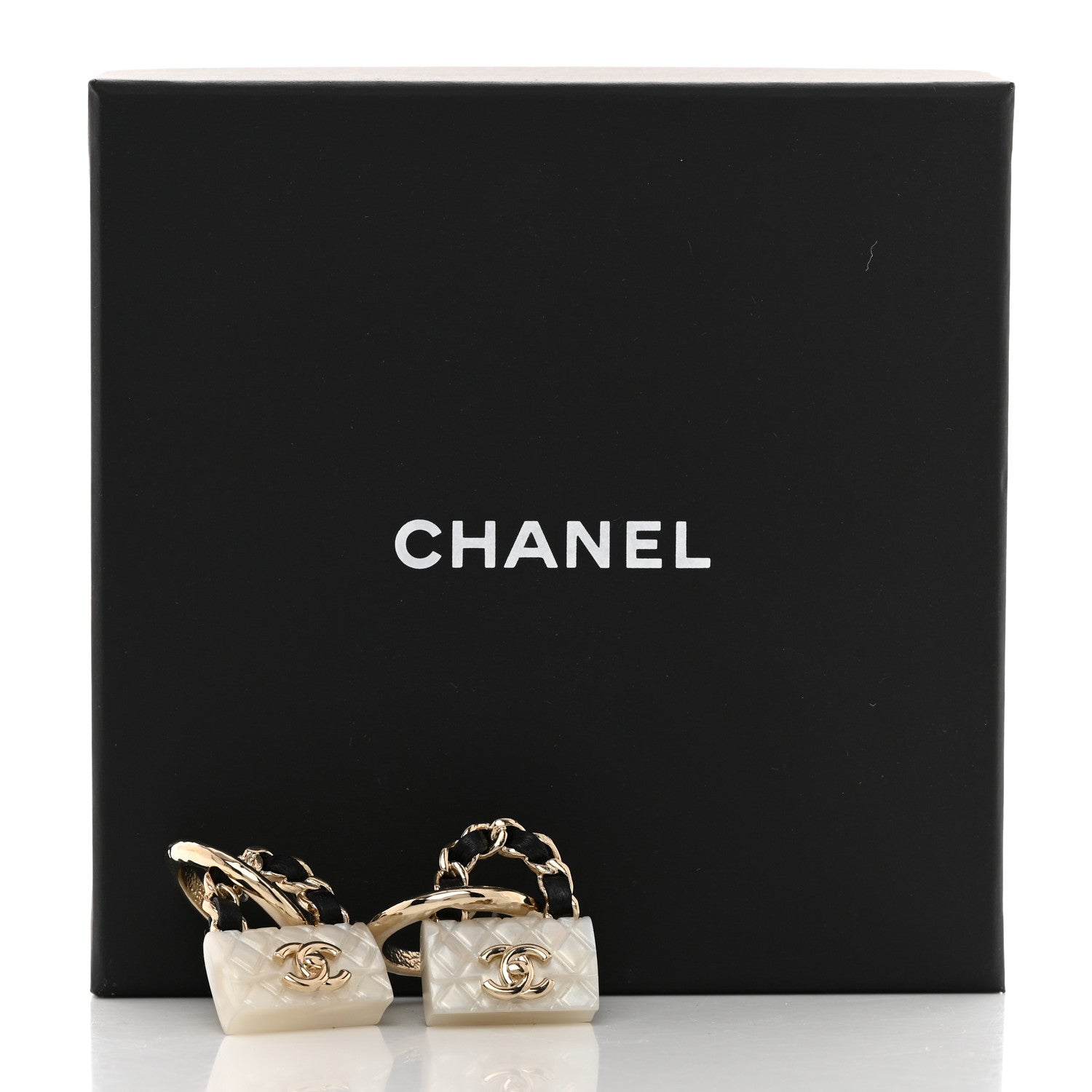 Chanel Metal Resin Calfskin Quilted CC Turnlock Chain Bag Earrings Gold Pearly White 5 of 5