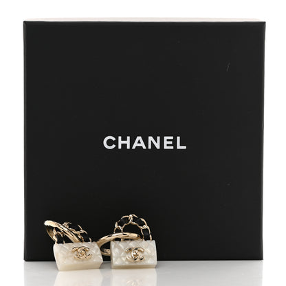 Chanel Metal Resin Calfskin Quilted CC Turnlock Chain Bag Earrings Gold Pearly White 5 of 5