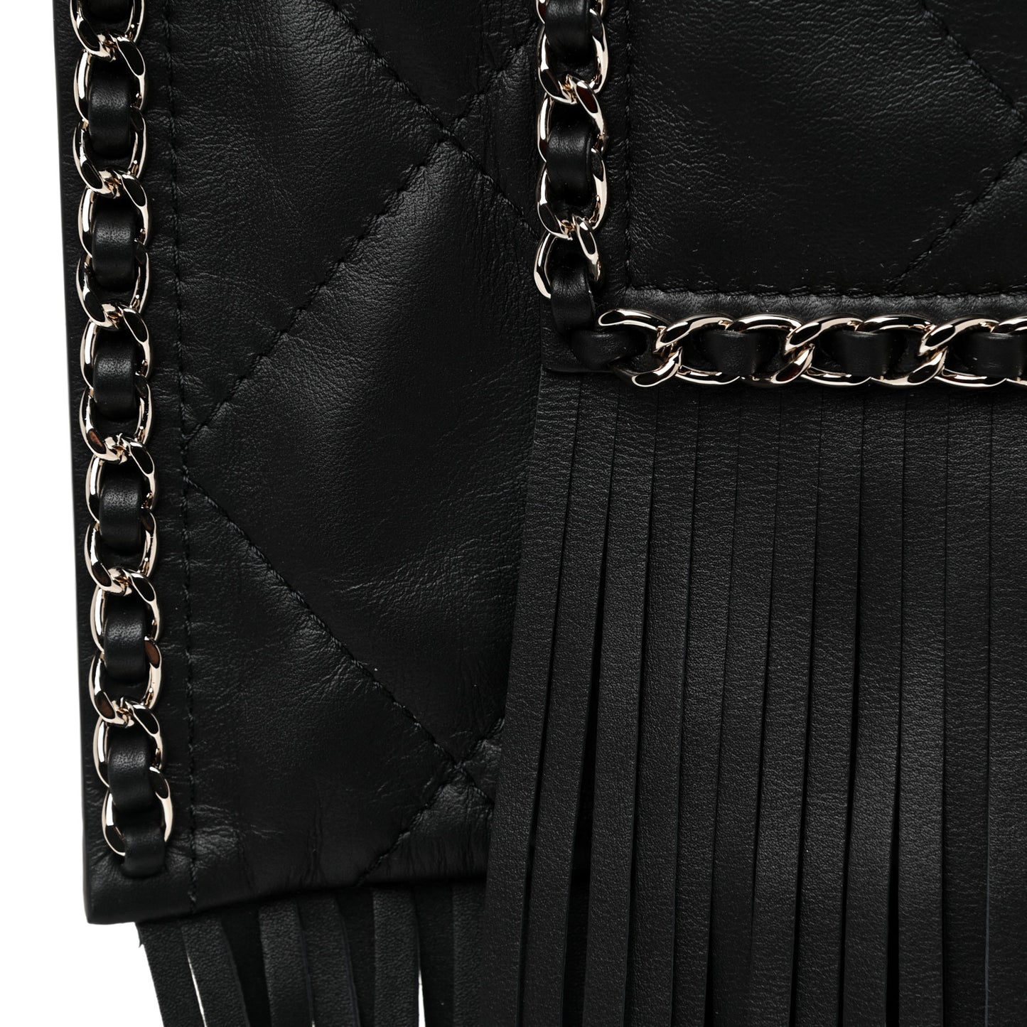 Calfskin Quilted Fringe Shopping Bag Black