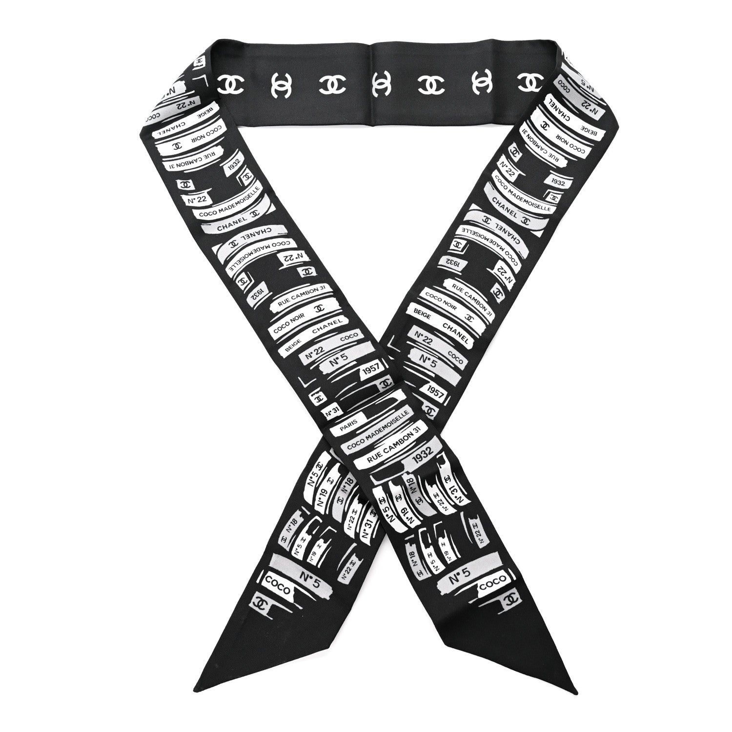Chanel Silk CC Logo Slim Bandeau Scarf Black Grey 1 of 4