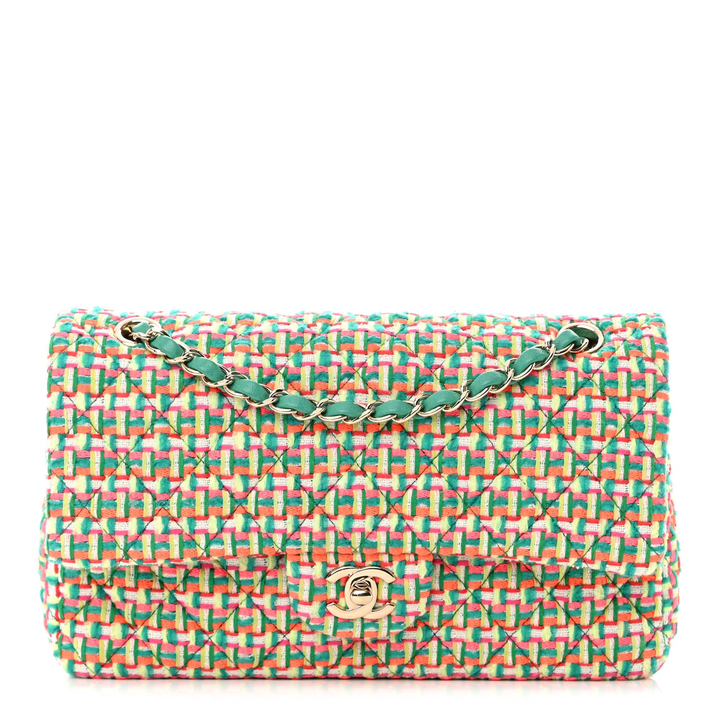 Tweed Quilted Medium Double Flap Multicolor Green