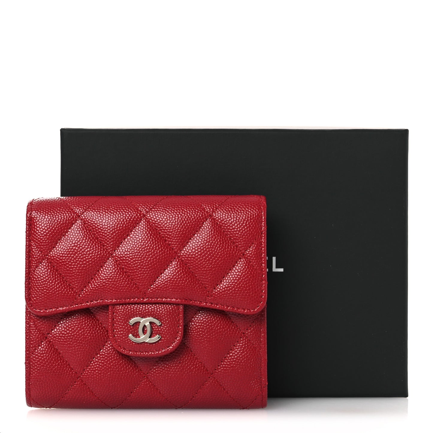 Caviar Quilted Compact Flap Wallet Dark Red