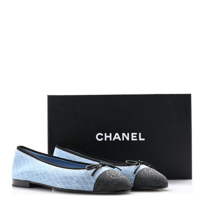 Chanel Denim Printed Quilt CC Cap Toe Ballerina Flats 40.5 Light Blue Dark Grey 10 of 10