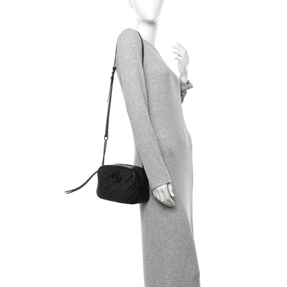 Gucci Calfskin Matelasse Monochrome Small GG Marmont Chain Shoulder Bag Black 2 of 11
