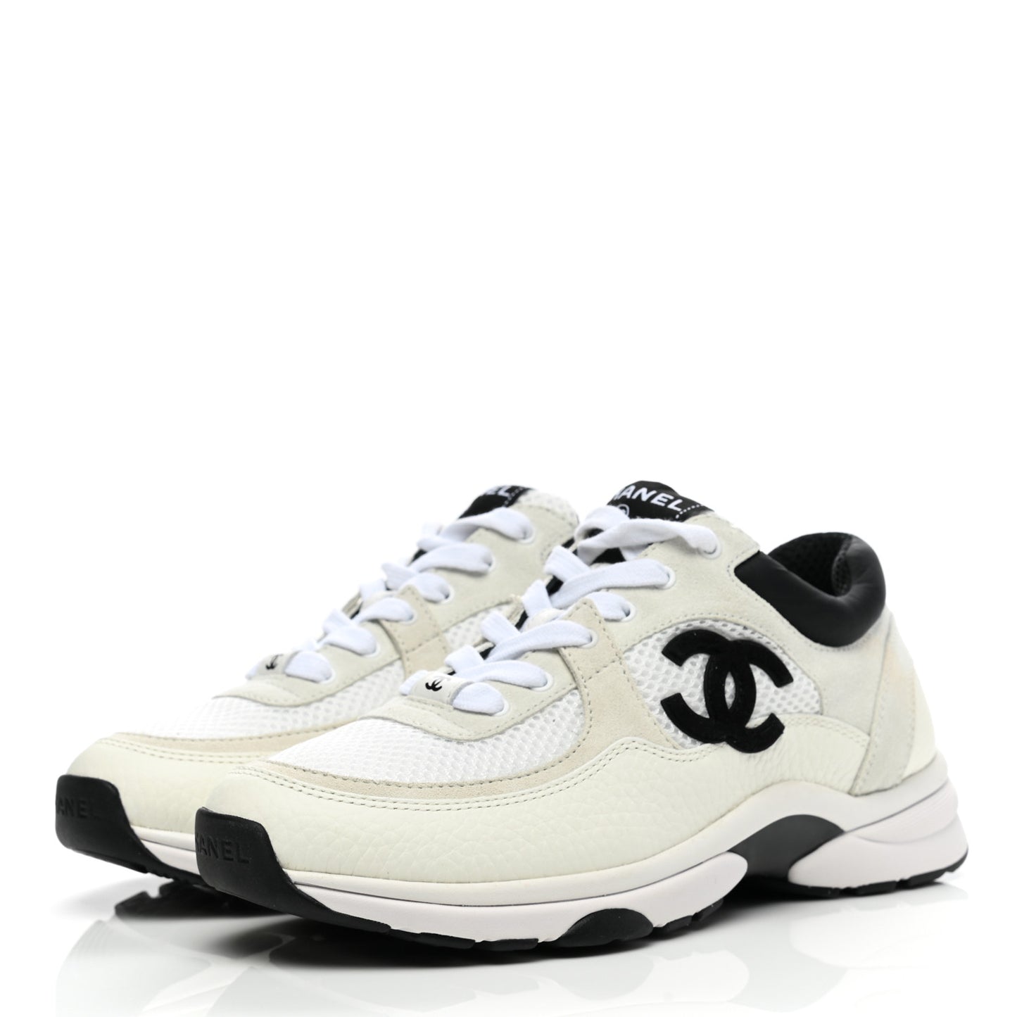 Mesh Suede Calfskin Grained Calfskin Womens CC Sneakers 37 White Black