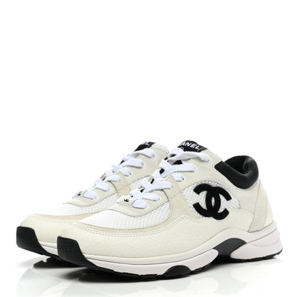 Chanel Mesh Suede Calfskin Grained Calfskin Womens CC Sneakers 37 White Black 3 of 8