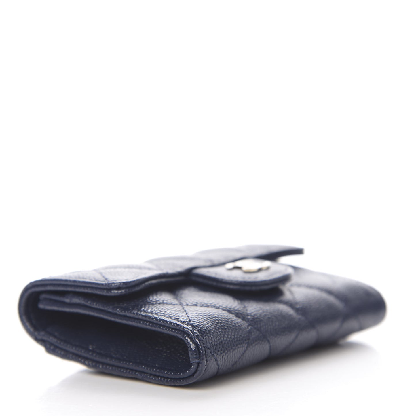 Caviar Quilted Flap Card Holder Wallet Navy Blue