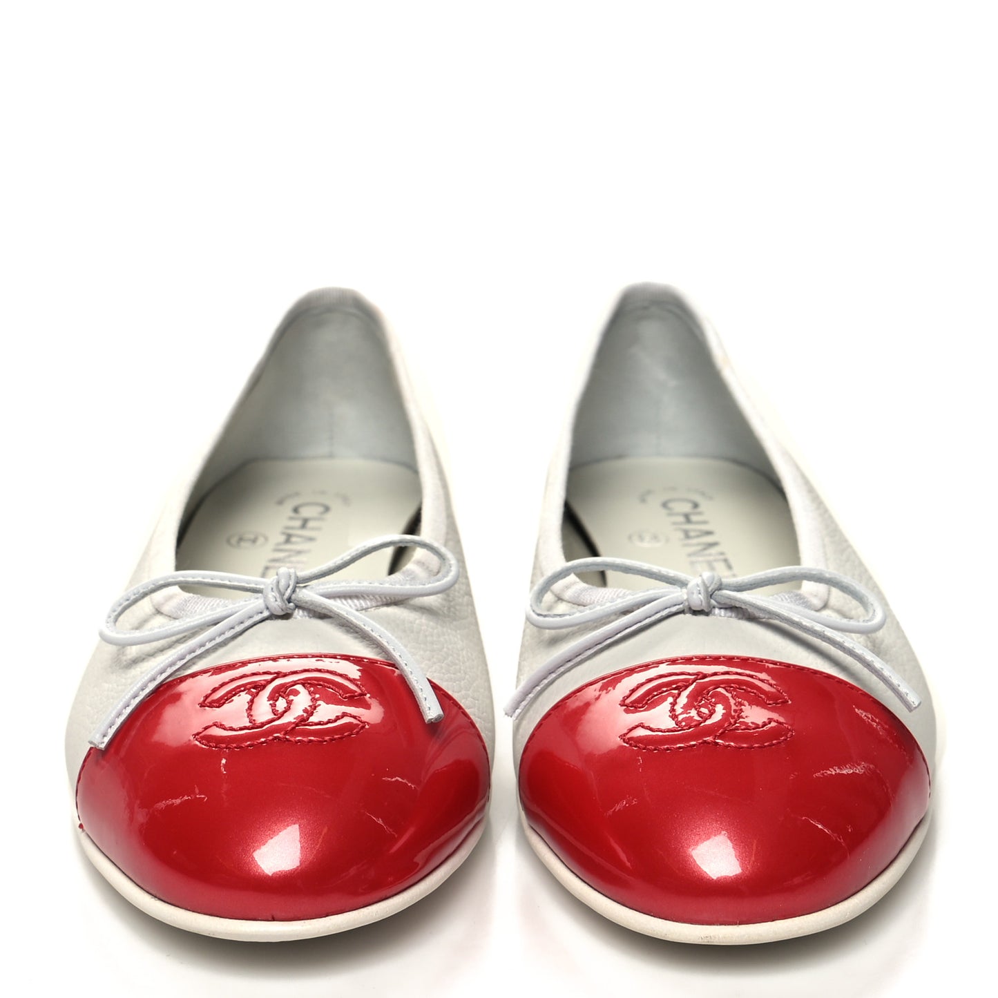 Patent Calfskin CC Cap Toe Ballerina Flats 36.5 White Red