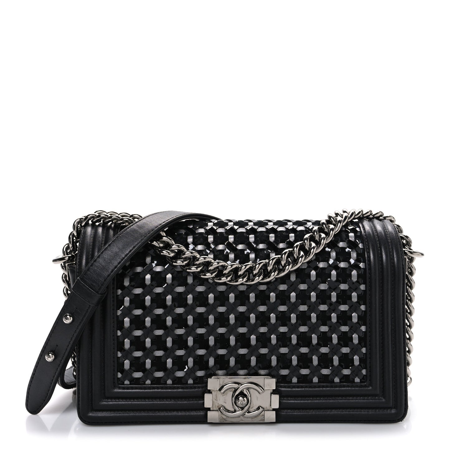 Calfskin Patent Braided Medium Boy Flap Black