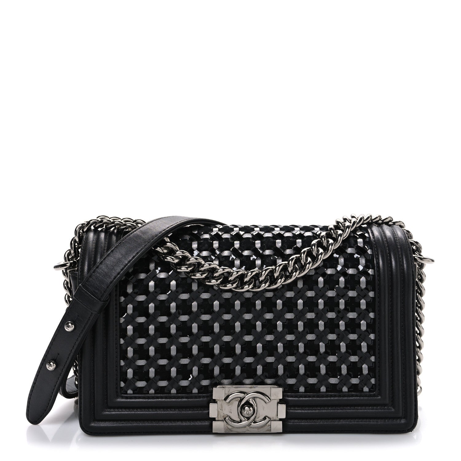 Chanel Calfskin Patent Braided Medium Boy Flap Black 1 of 13