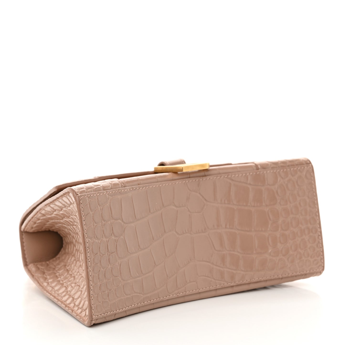 Shiny Calfskin Crocodile Embossed Small Hourglass Top Handle Bag Nude Beige