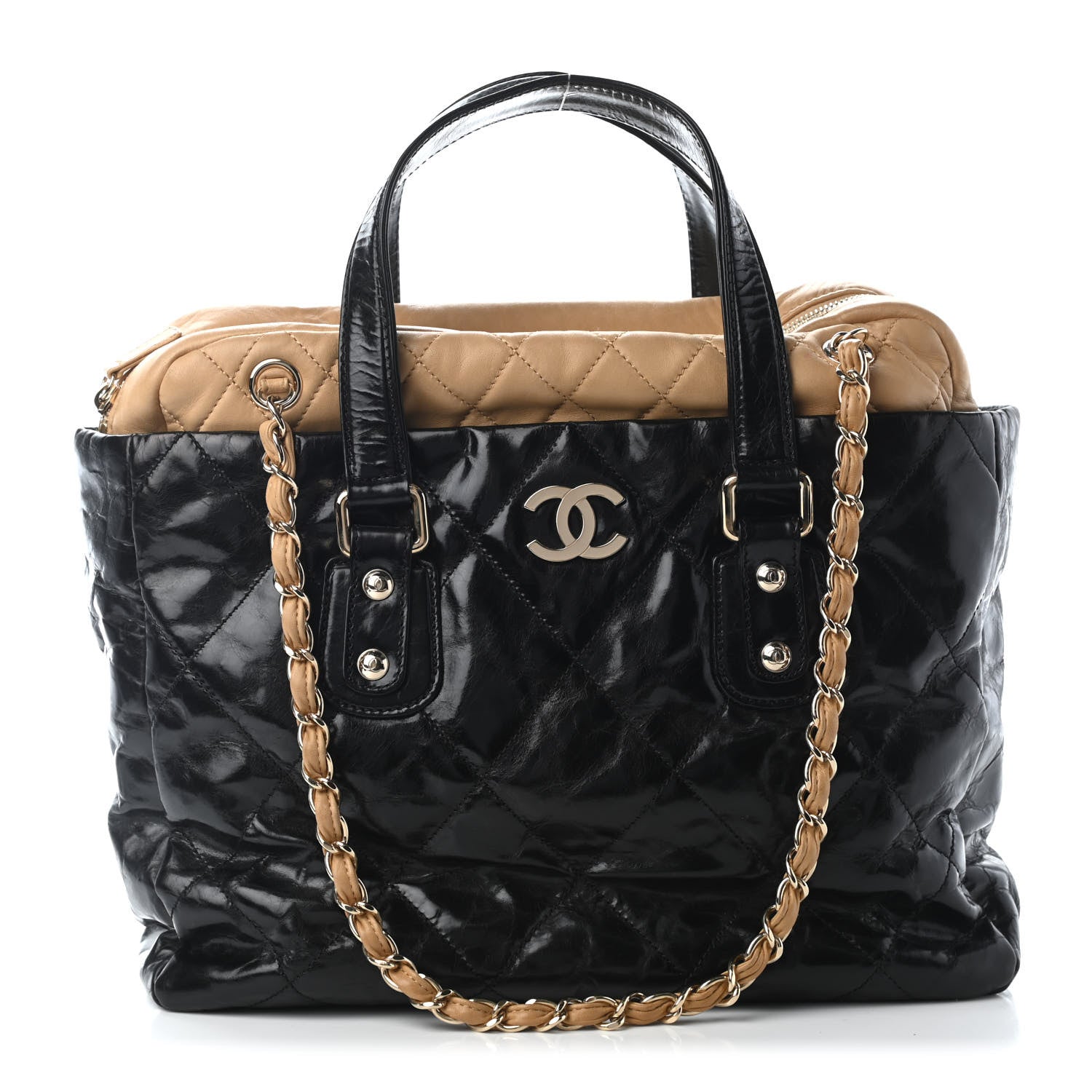Chanel Glazed Calfskin Lambskin Portobello Tote Black Beige 1 of 11