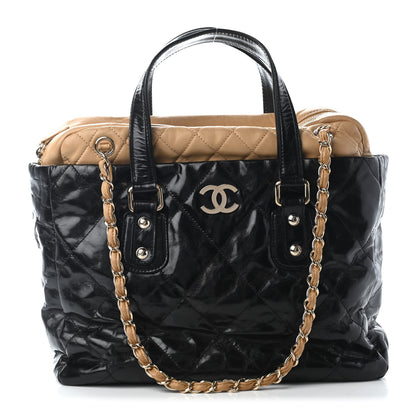 Chanel Glazed Calfskin Lambskin Portobello Tote Black Beige 1 of 11