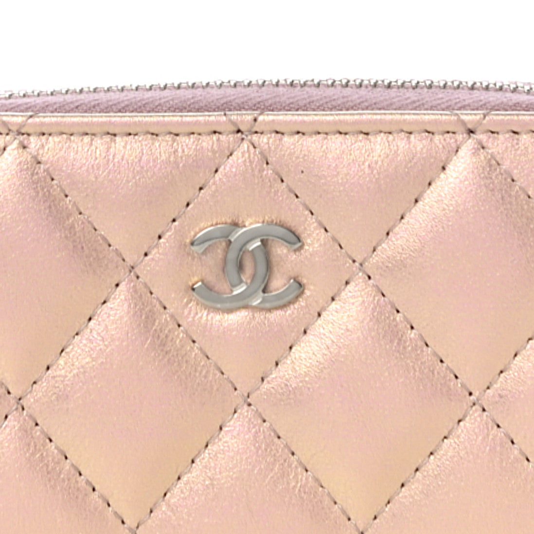 Iridescent Calfskin Quilted Zip Coin Purse Wallet Pink