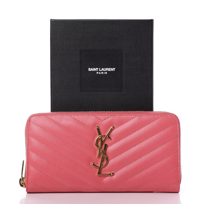 Saint Laurent Grain De Poudre Matelasse Chevron Monogram Zip Around Wallet Bubblegum 8 of 8