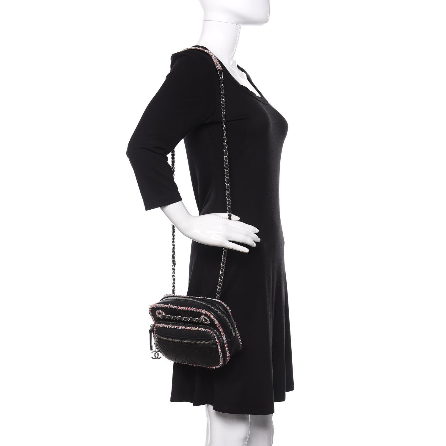 Chanel Lambskin Quilted Tweed Elegant Trim Front Zip Camera Case Black 2 of 9