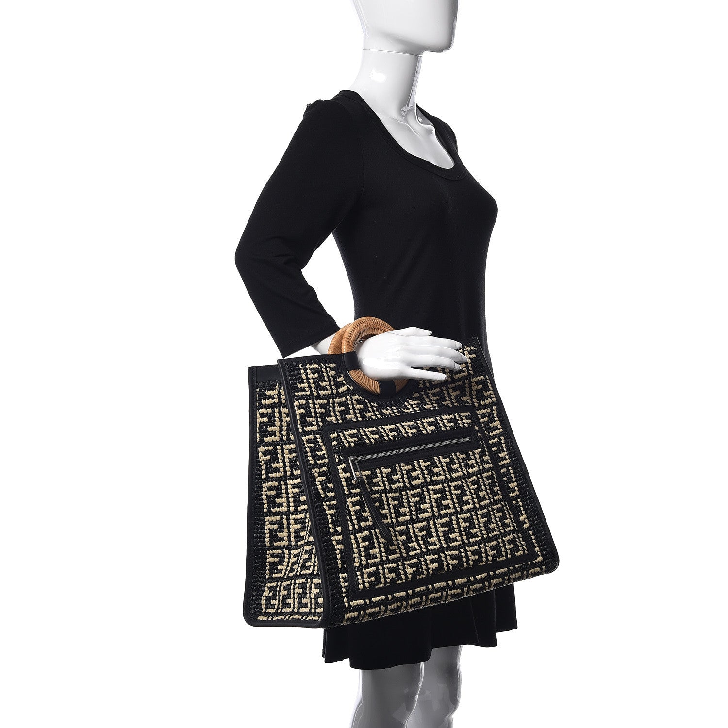 Fendi Raffia Vitello Century Wicker FF 1974 Crochet Large Runaway Shopper Tote Natural Black 2 of 12