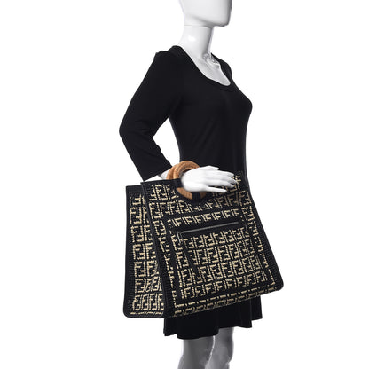 Fendi Raffia Vitello Century Wicker FF 1974 Crochet Large Runaway Shopper Tote Natural Black 2 of 12