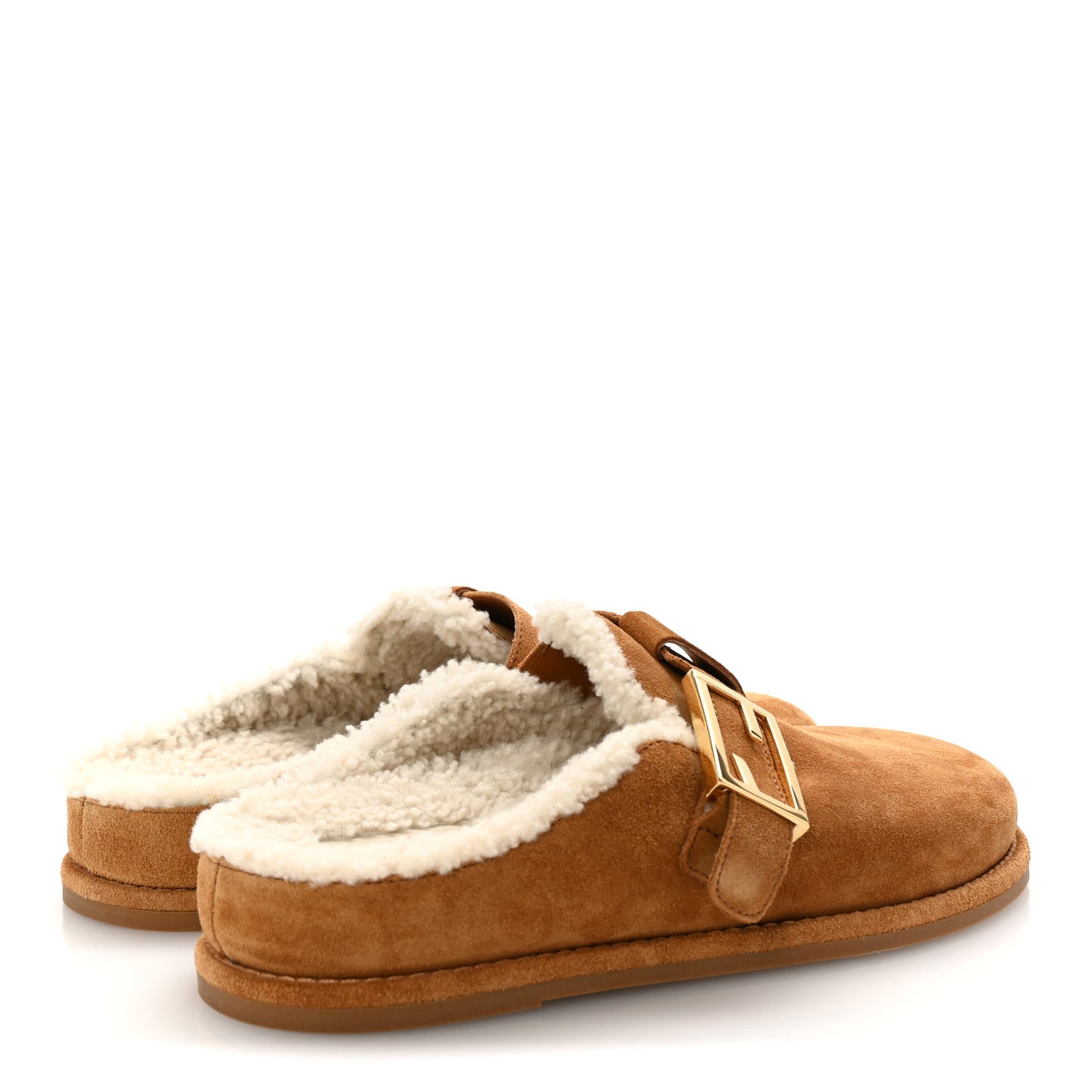 Suede Shearling Fendi Feel Buckled Clogs 38 Caramel Latte