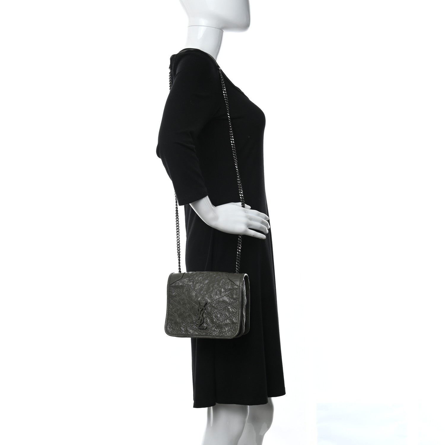 Saint Laurent Crinkled Calfskin Matelasse Monogram Niki Chain Wallet Khaki Militaire 2 of 12