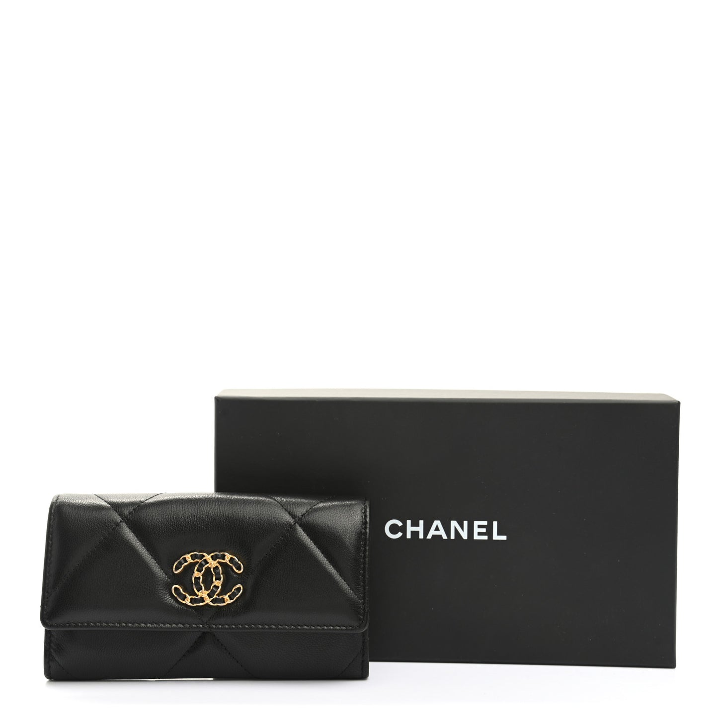 Shiny Goatskin Quilted Chanel 19 Flap Wallet Black