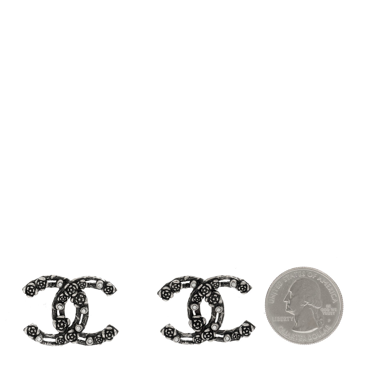 Chanel Crystal CC Camellia Earrings Ruthenium 2 of 5