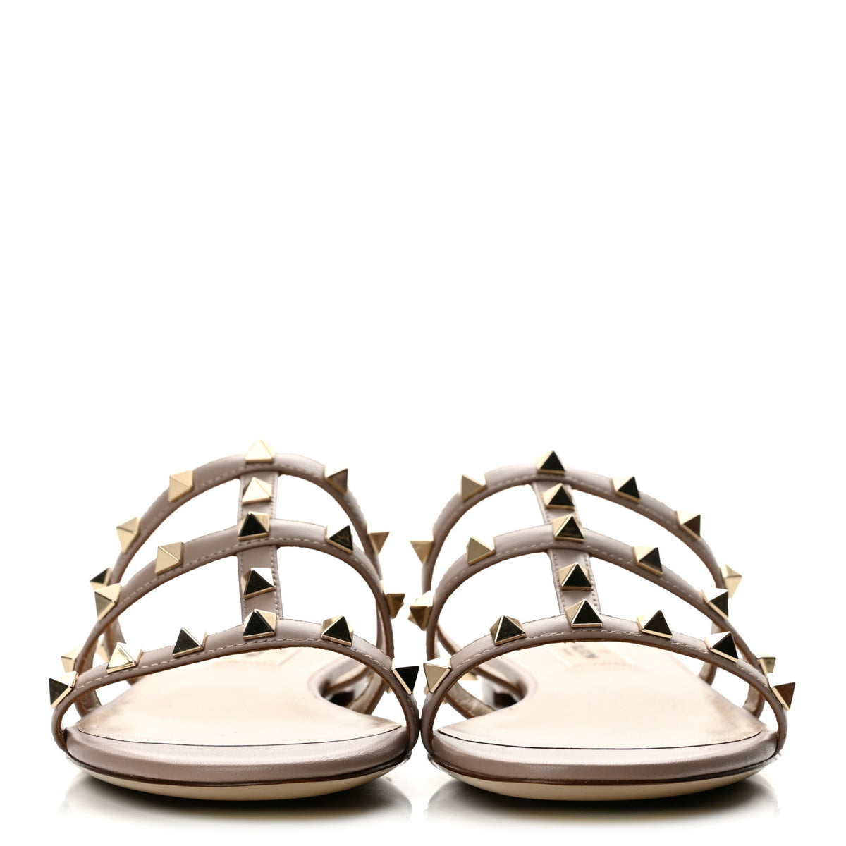 Calfskin Rockstud Caged Flat Slide Sandals 37 Poudre
