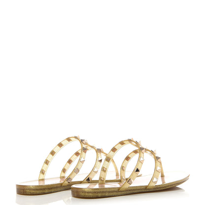Valentino Garavani PVC Jelly Glitter Rockstud Caged Flat Thong Sandals 35 Oro 4 of 8