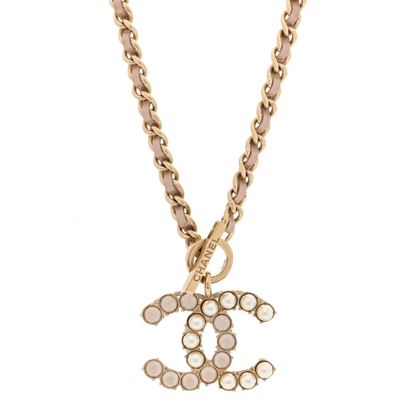 Pearl Crystal Lambskin Chain CC Dazzling Domino Necklace White Gold Pink