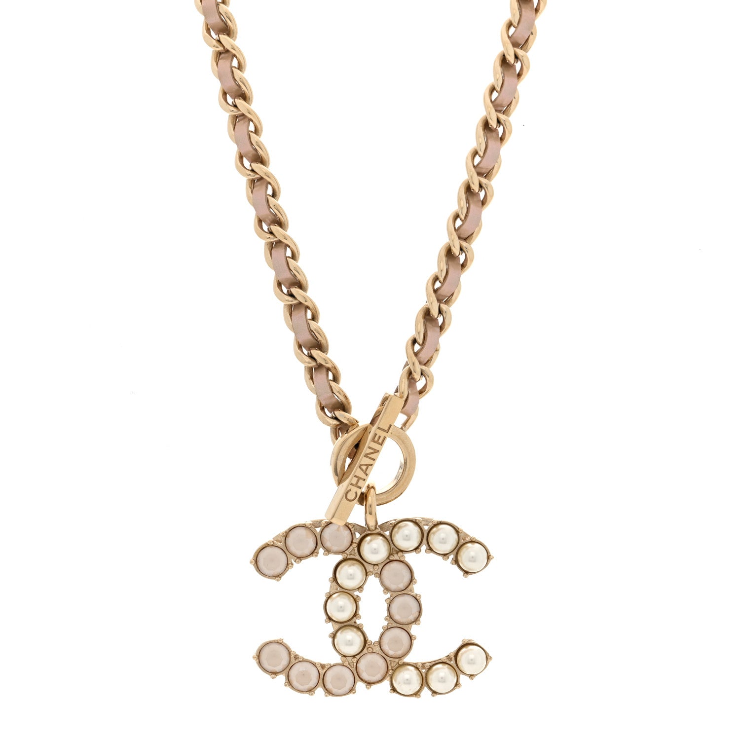 Chanel Pearl Crystal Lambskin Chain CC Dazzling Domino Necklace White Gold Pink 1 of 4