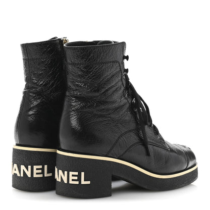 Chanel Shiny Crumpled Lambskin Lace Up Combat Boots 36.5 Black 5 of 10