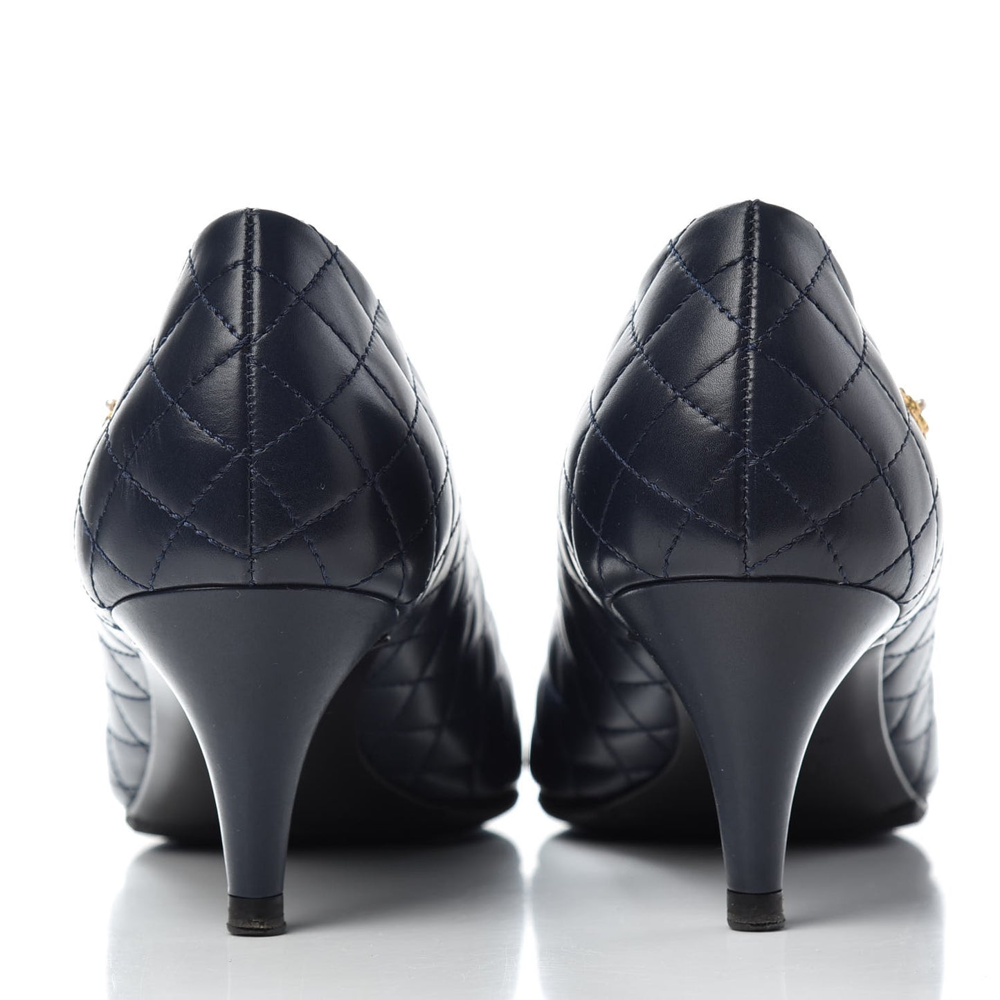 Calfskin Quilted Cap Toe Camellia Pumps 38 Navy Black