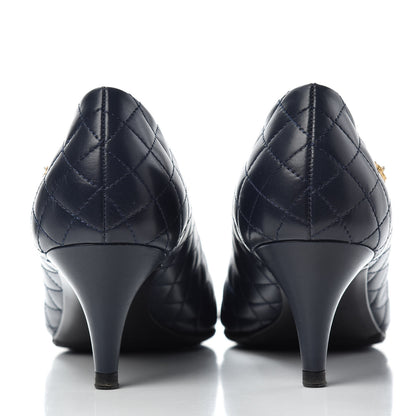 Chanel Calfskin Quilted Cap Toe Camellia Pumps 38 Navy Black 7 of 11