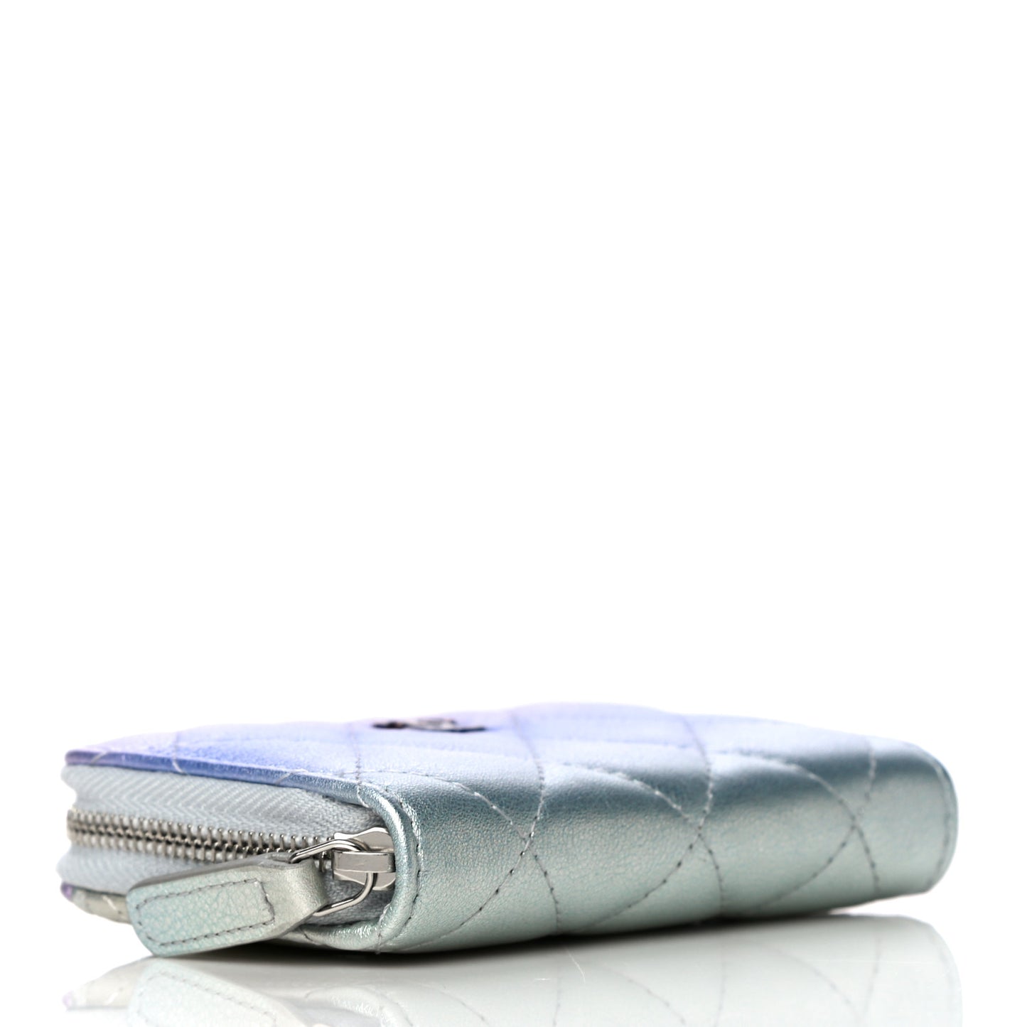 Gradient Metallic Calfskin Quilted Zip Around Coin Purse Wallet Silver Blue Yellow Purple