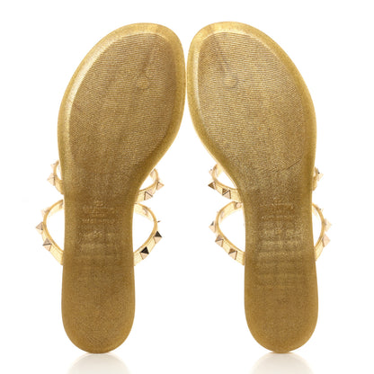 Valentino Garavani PVC Jelly Glitter Rockstud Caged Flat Thong Sandals 39 Oro 5 of 7