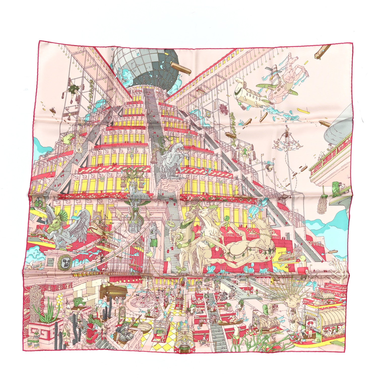 Hermes Silk La Legende Du Cheval A Plumes Scarf 90 Rose Pale Jaune Vif Turquoise 1 of 3