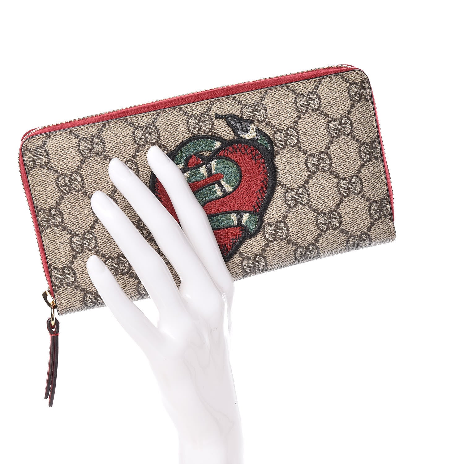 Gucci GG Supreme Monogram Kingsnake Heart Embroidered Zip Around Wallet Red 2 of 7