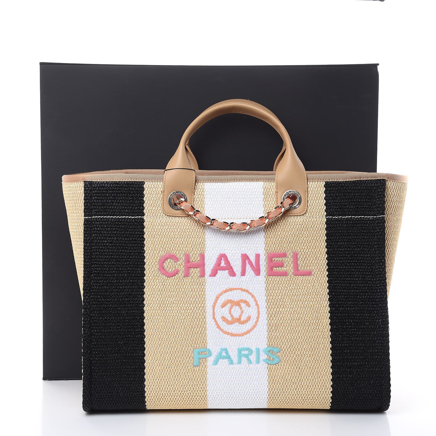 Straw Raffia Calfskin Striped Large Deauville Tote Black Beige Ivory