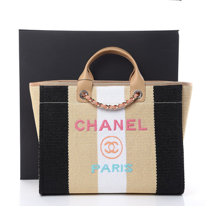 Chanel Straw Raffia Calfskin Striped Large Deauville Tote Black Beige Ivory 10 of 10
