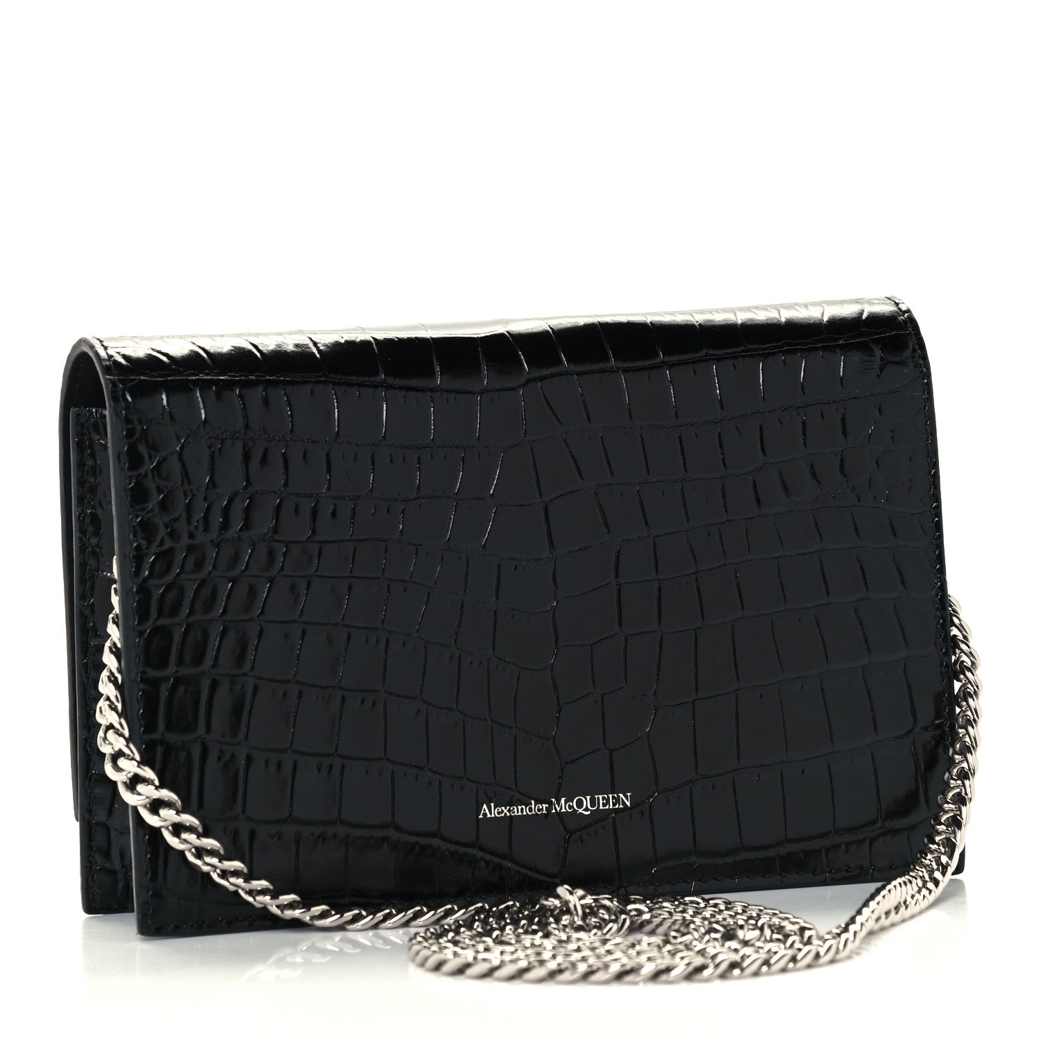 Alexander McQueen Calfskin Crocodile Embossed Skull Mini Crossbody Bag Black 3 of 9