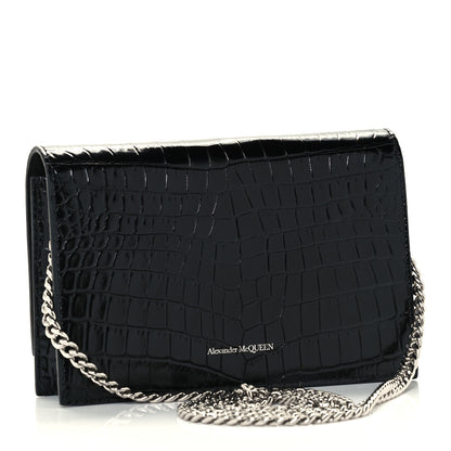 Alexander McQueen Calfskin Crocodile Embossed Skull Mini Crossbody Bag Black 3 of 9