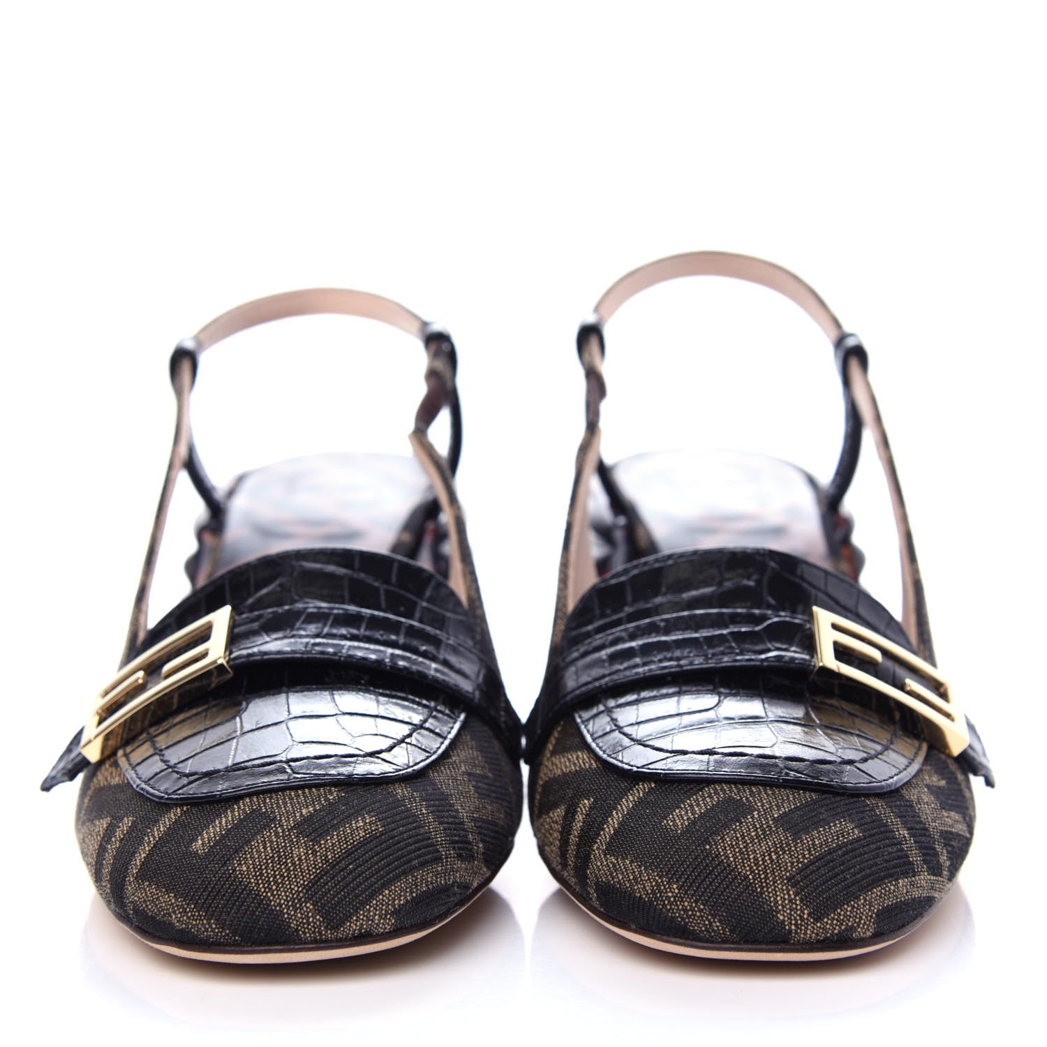Fendi Jacquard Calfskin FF Tortoise Promenade Slingback Loafer Pumps 35.5 Tobacco 2 of 10