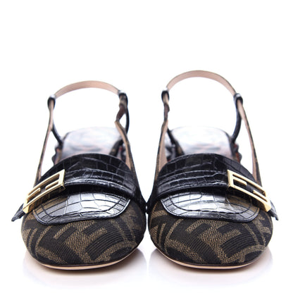 Fendi Jacquard Calfskin FF Tortoise Promenade Slingback Loafer Pumps 35.5 Tobacco 2 of 10