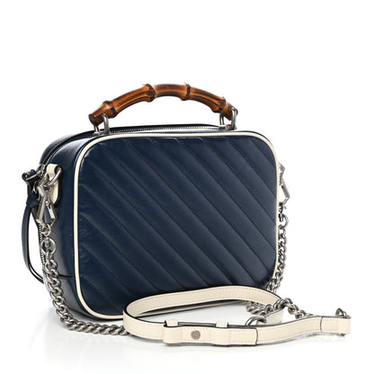Gucci Vintage Effect Calfskin Matelasse Diagonal Small Torchon GG Marmont Bamboo Top Handle Shoulder Bag Blue Agata Mystic White 3 of 10