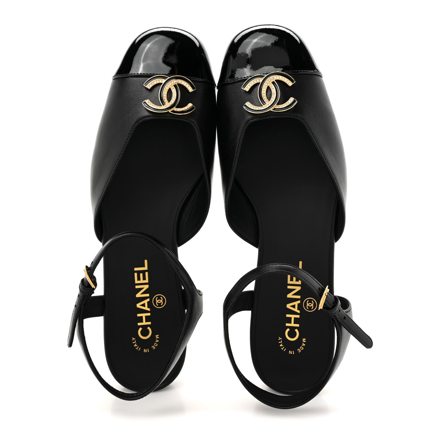 Chanel Lambskin Patent Cap Toe Crystal Enamel CC Mary Jane Slingback Flats 39 Black 2 of 9