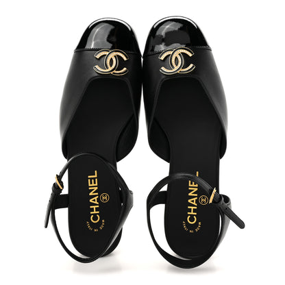 Chanel Lambskin Patent Cap Toe Crystal Enamel CC Mary Jane Slingback Flats 39 Black 2 of 9