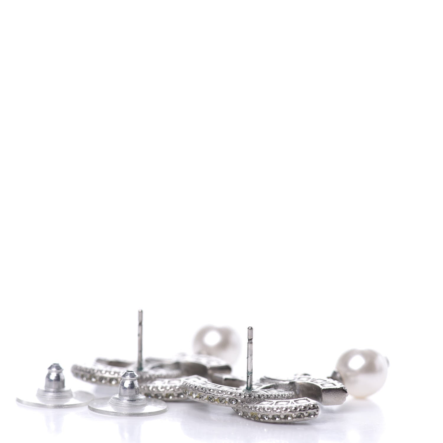 Chanel Baguette Crystal Pearl CC Drop Earrings Silver Black 6 of 8