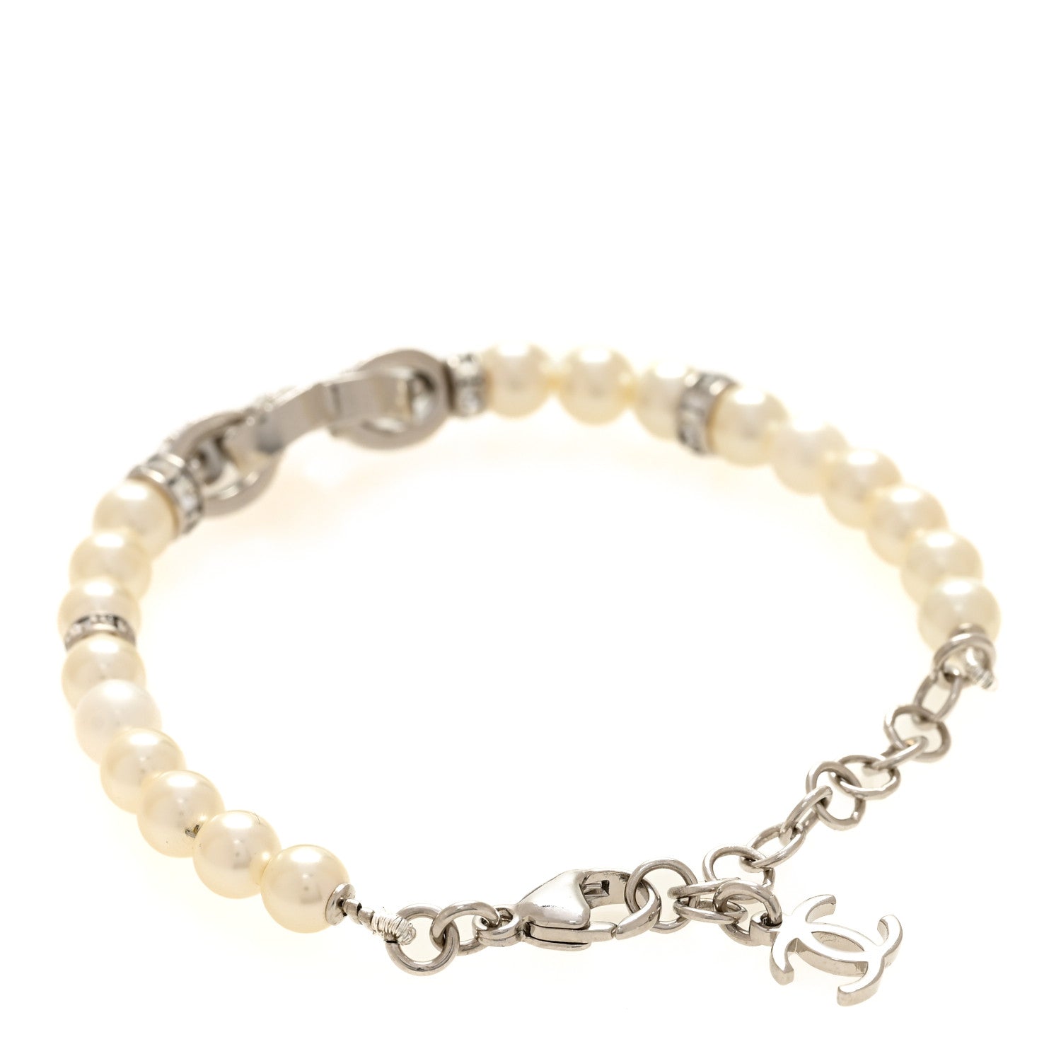 Chanel Pearl Crystal CC Bracelet White Silver 3 of 5