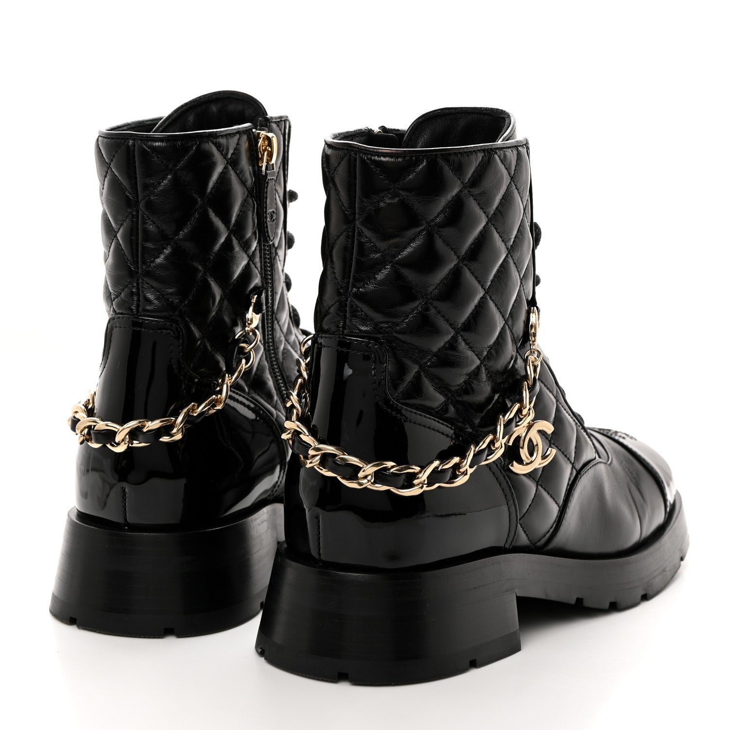 Chanel Shiny Calfskin Patent Quilted Chain Lace Up Combat Boots 38.5 Black 4 of 9