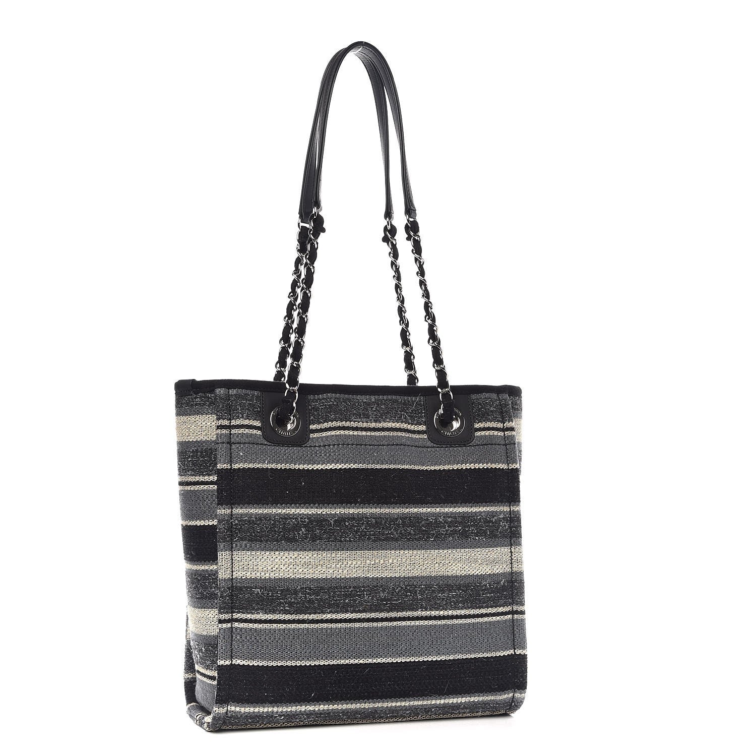 Chanel Striped Canvas Small Deauville Tote Grey Black 3 of 9